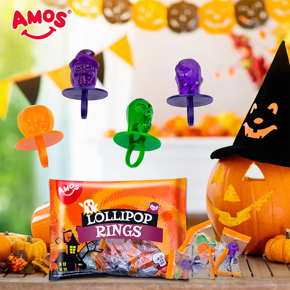Halloween AMOS Lollipop Finger Rings - Individually Wrapped Fruity