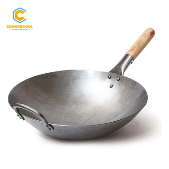 Cookercool Wok Chinese Traditional Hand Hammered Carbon Steel Pow Wok with Wooden and Steel Handle