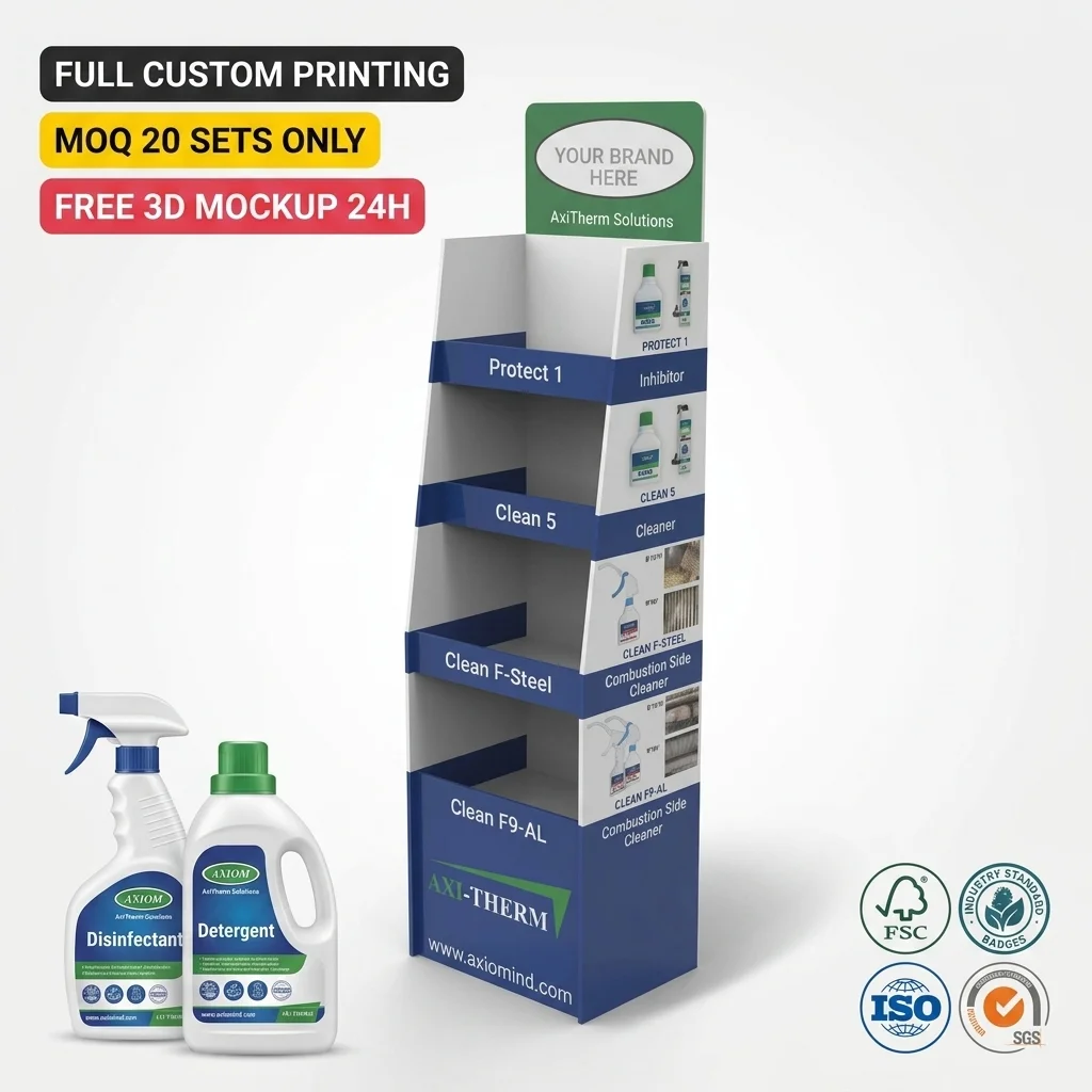 Expositor Personalizado em Cartolina com Marca Própria para Detergentes, Desinfetantes e Gel Antisséptico para as Mãos, Expositor Comercial de Chão para Lojas, Estante de Papelão Ondulado, Fabricação sob Encomenda (OEM)