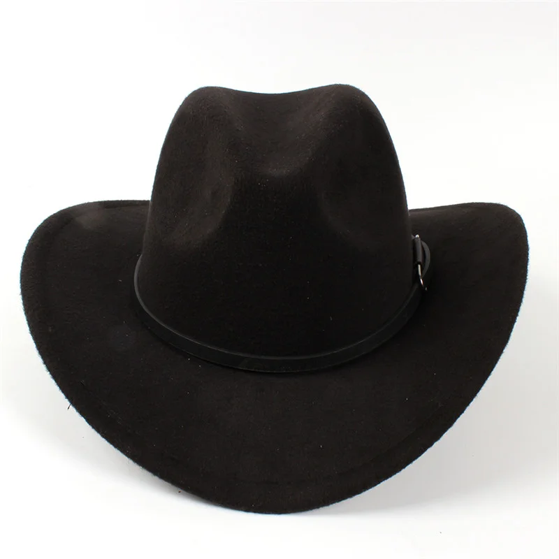 Wool Women's Men's Western Cowboy Hat for Gentleman Lady Jazz Cowgirl with Leather Cloche Cowboy Hat Black