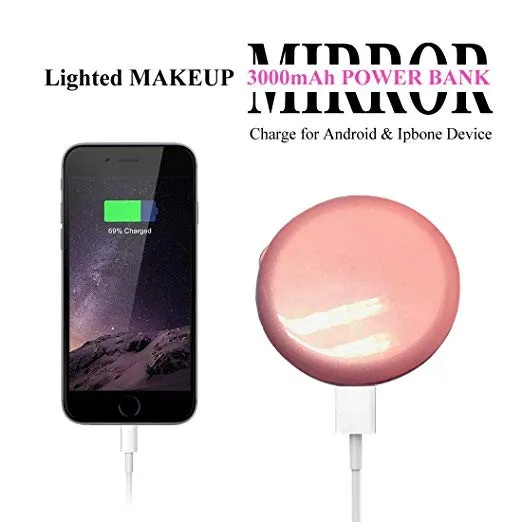 
 Компактное и дорожное зеркало для макияжа с подсветкой, светодиодное зеркало для туалетного столика с портативным резервным зарядным устройством, идеальный подарок для женщин (розовый)  