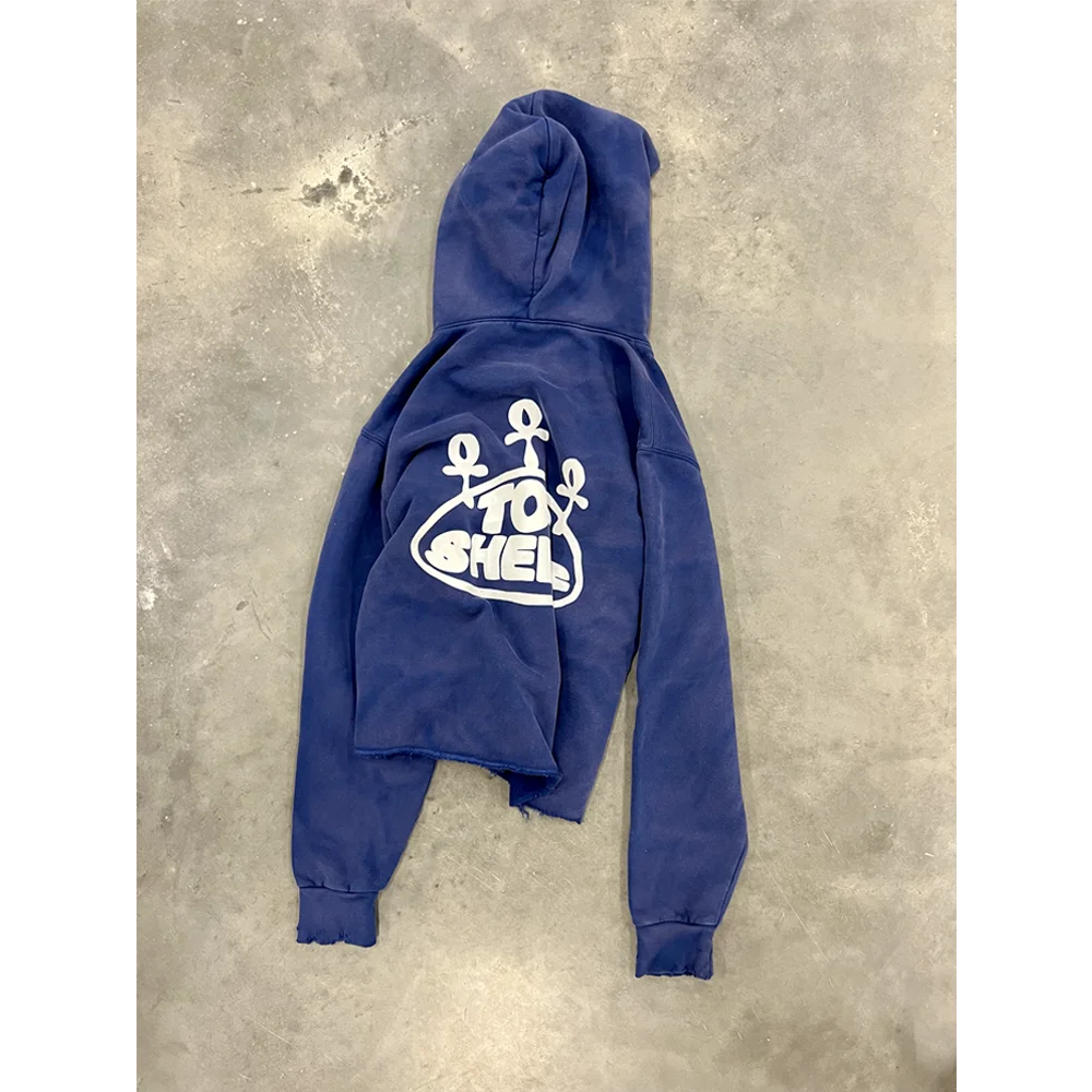 Custom Men Vintage Distressed Pullover Cropped Hooded Sweatshirts Cotton Screen Print Raw Hem Acid Wash Sun Fading Hoodie Unisex gallery 7