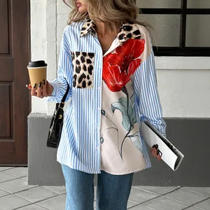 2025 New Autumn Cross-border Casual Vacation Personalized Trendy Style Printed Striped Patchwork Shirt for Women