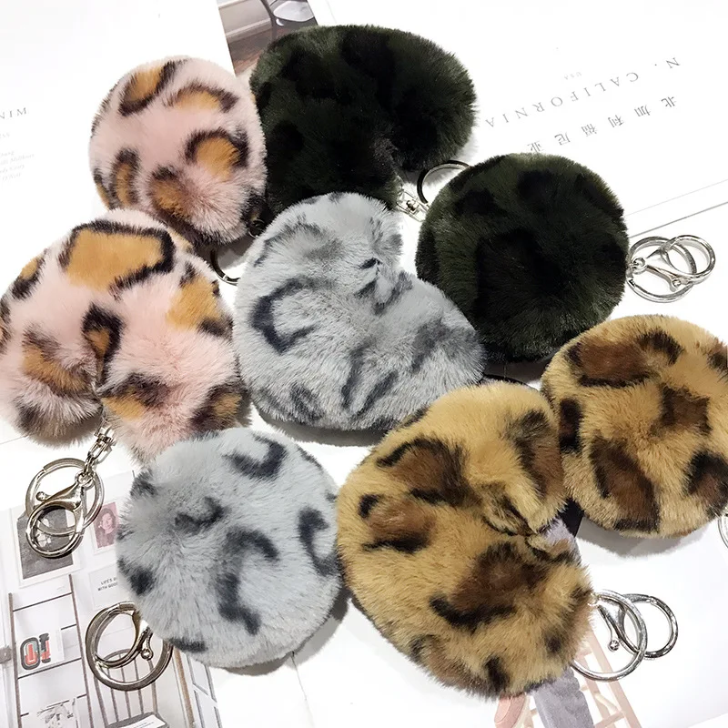 Fluffy Leopard Print Heart Keychain Pompom Rabbit Fur Ball Key Chains Car Bag Keyring