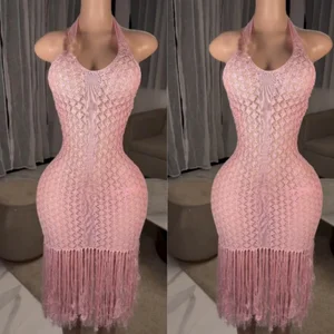 Viviblook Z712DS01 New Women's Plus Size Casual Knitted Tassel Beach Maxi Dresses