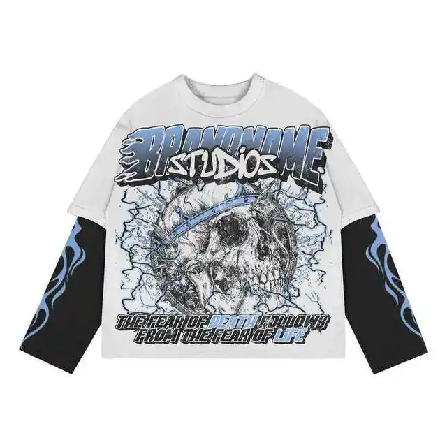 Customized Super Street Old Solid Flame Sleeve Formal Double-layer Long-sleeved T-shirt 100% Cotton Eco-Friendly Anti-Wrinkle