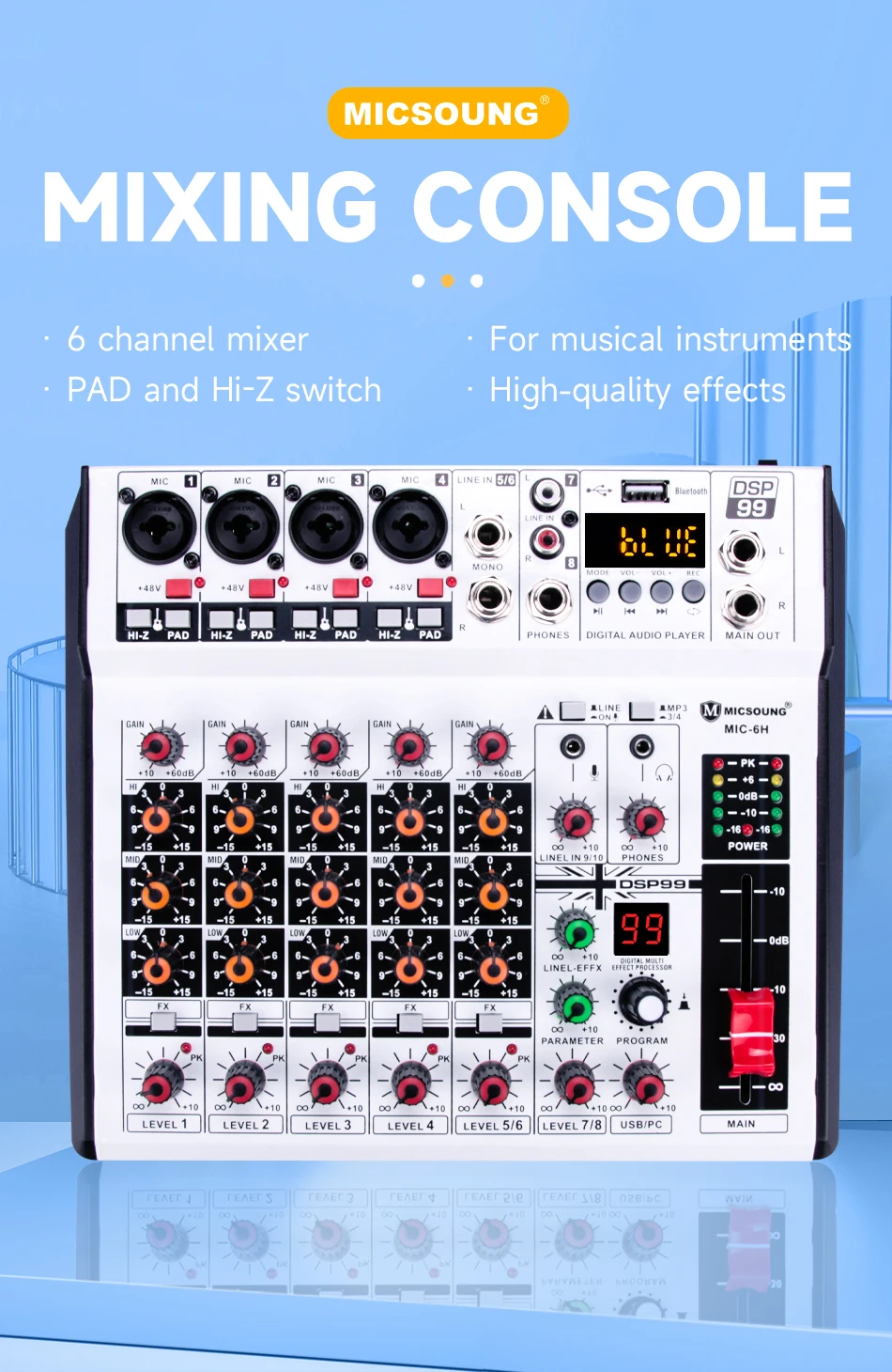 Mic6h Professional 6 Channel Audio Mixer Mixing Console Dj Controller