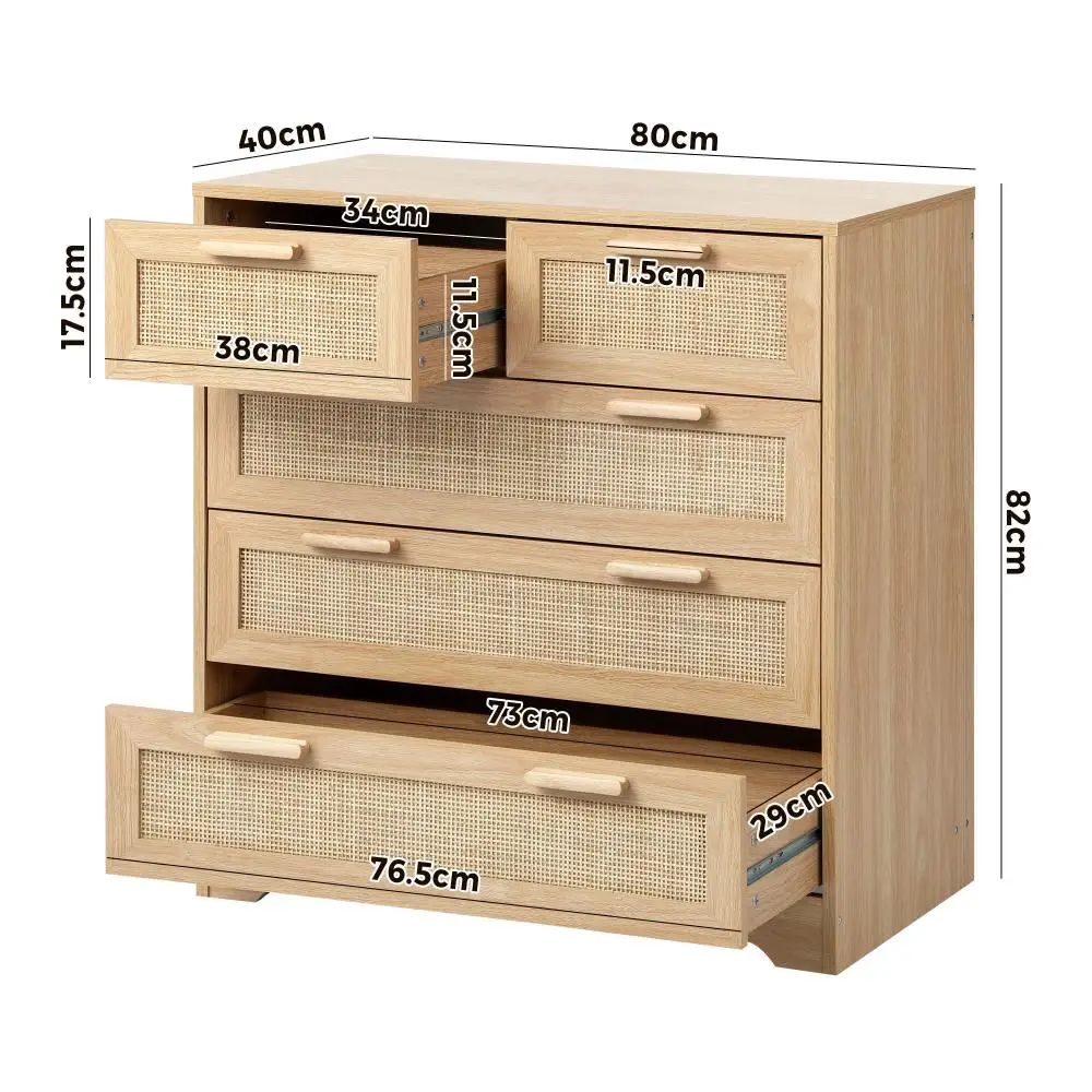 Japanese Rattan Front Chest of Drawers Wooden Storage Sideboard with 5 Drawers for Living Room