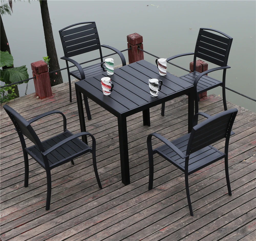 Factory directed outdoor table  aluminum with 4 seats plastic wood square table