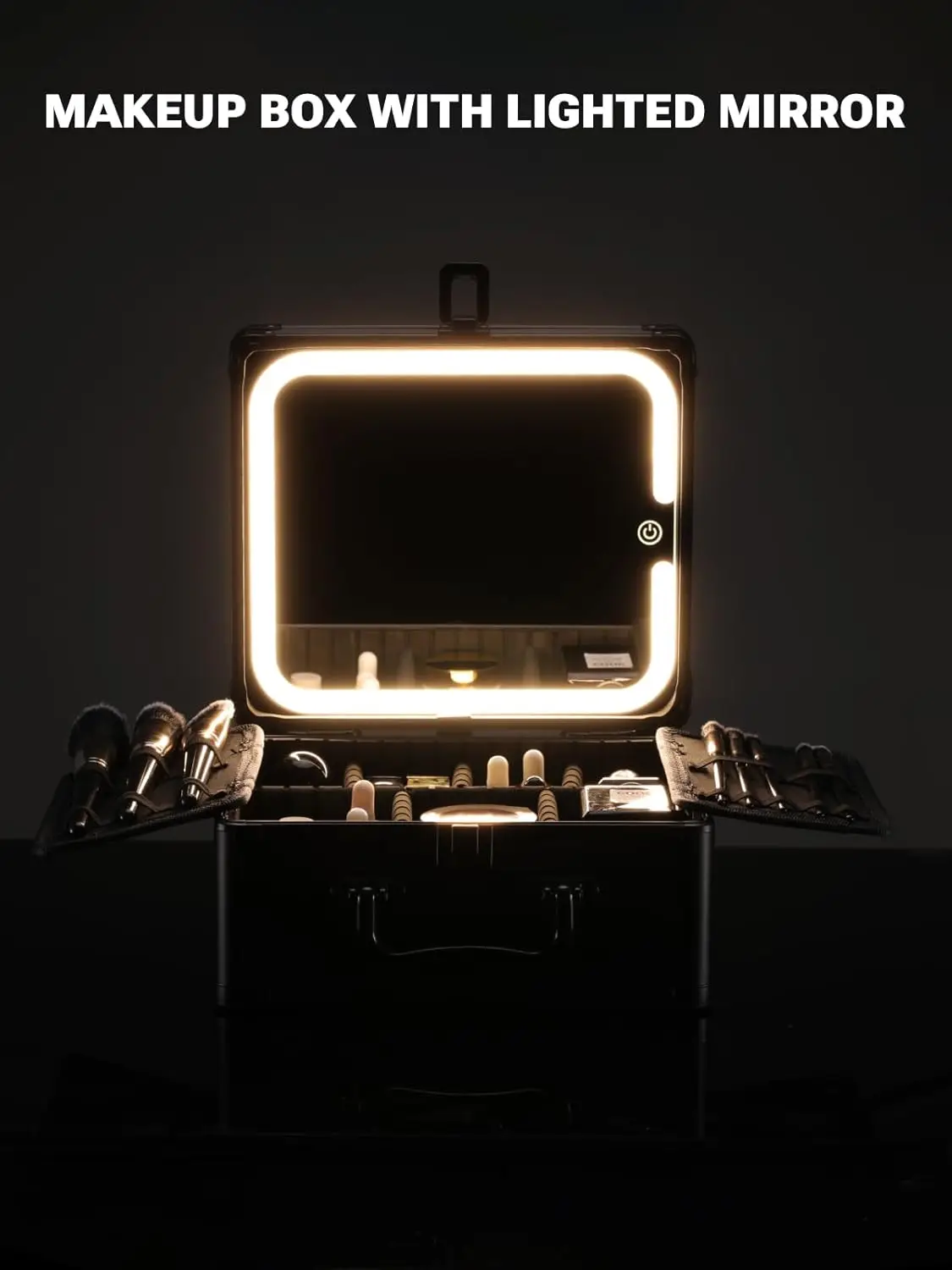 Fashionable Black Makeup Train Case with Large Capacity Adjustable Dividers and LED Mirror Cosmetic Organizer Travel Suitcase