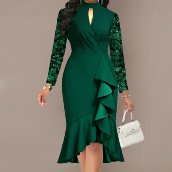 2024 Vestidos Undefined Ladies Clothes Women Casual Winter Office Business Work Flounce Lace Stitching Dark Green Mermaid Dress