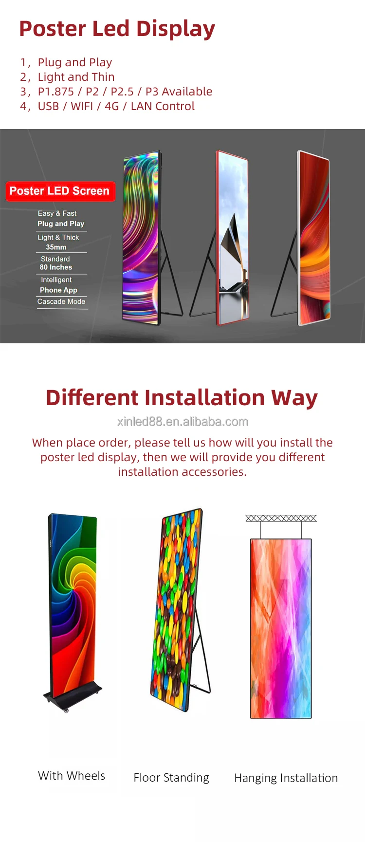 Custom WIFI USB 4G 5G Super Thin Front Access 640 X 1920 mm Magnetic P3 P2 P2.5 Led Poster Display