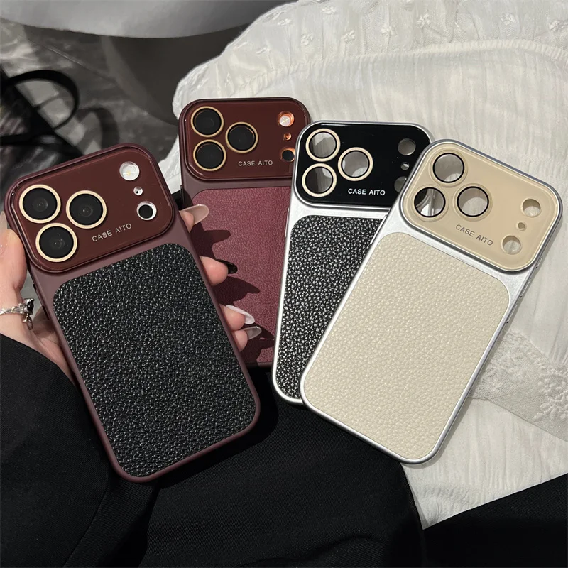 Luxury Lichee Pattern Leather Phone Case for iPhone 17 16 15 14 Pro Max Hard PC Camera Window Back Cover