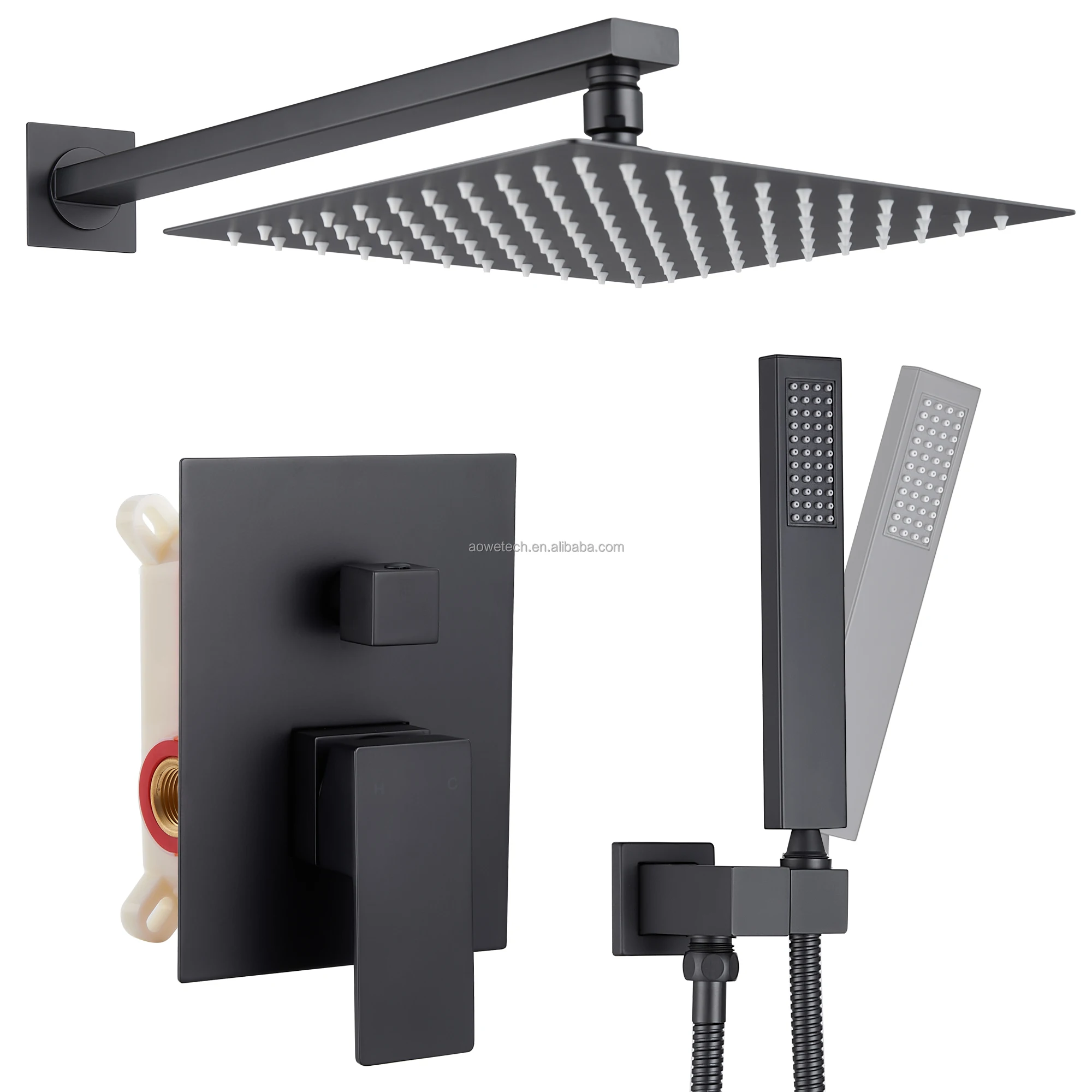 Matte Black Copper Concealed Shower System Wall Mounted Pre-embedded Single Handle Hot Cold Mixer Square Shower Head
