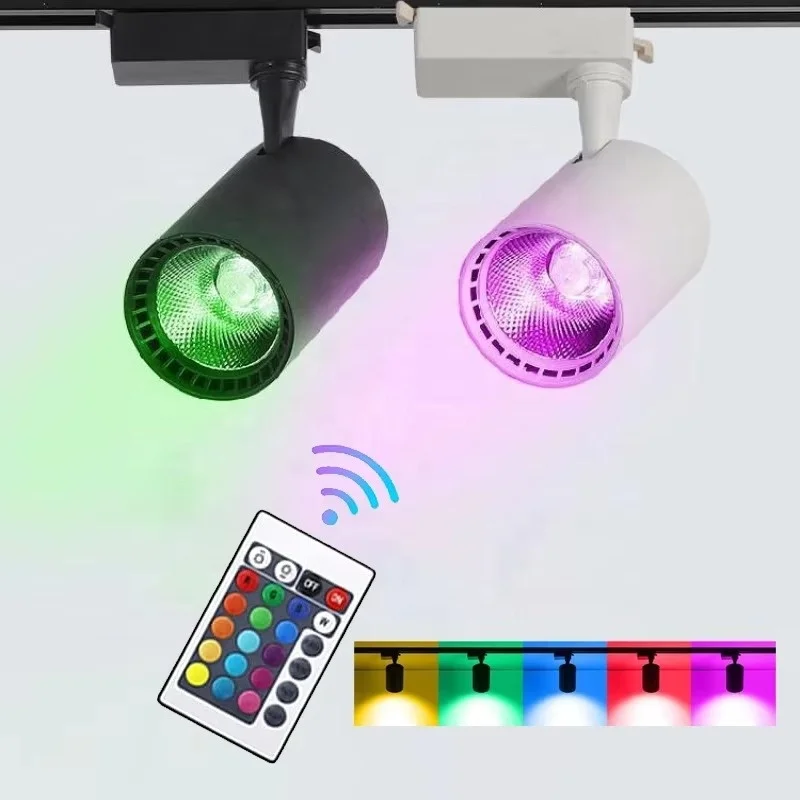 RGB Color Track Light With Remote Control 12W 15W 20W 30W 360 Degree Rotation Adjustable COB Track Spotlight