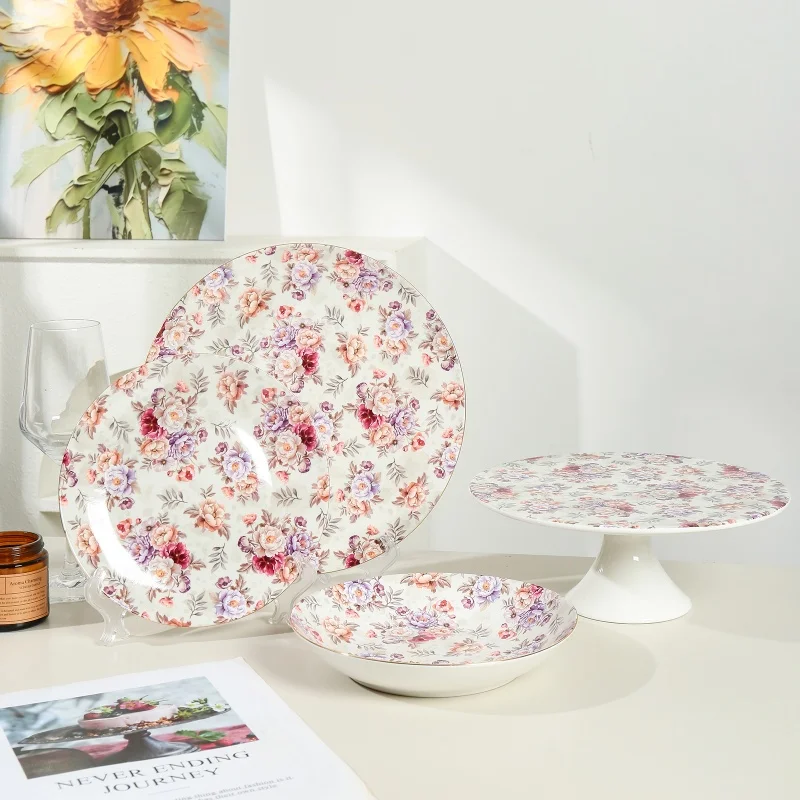 Wholesale Floral Ceramic Bone China Ceramic Cake Plate Stand Soup Plate Round Plate Tableware Set
