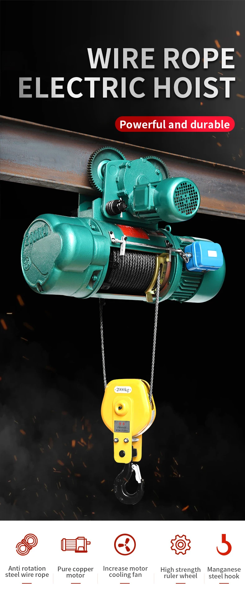 1 Ton 2 Ton 5 Ton 10 Ton Lifting Trolley Electric Crane Wire Rope Hoist Winch