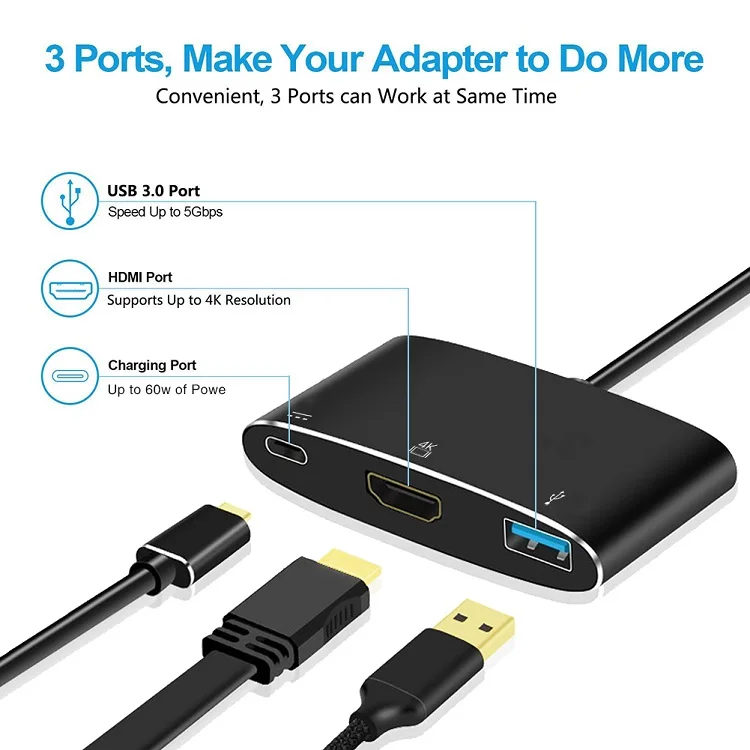 
 High Speed 3 in 1 USB Type C Hub 3 in 1 to 4K USB3.0 PD Fast Charging Hub for Macbook and Type C Windows Laptop  