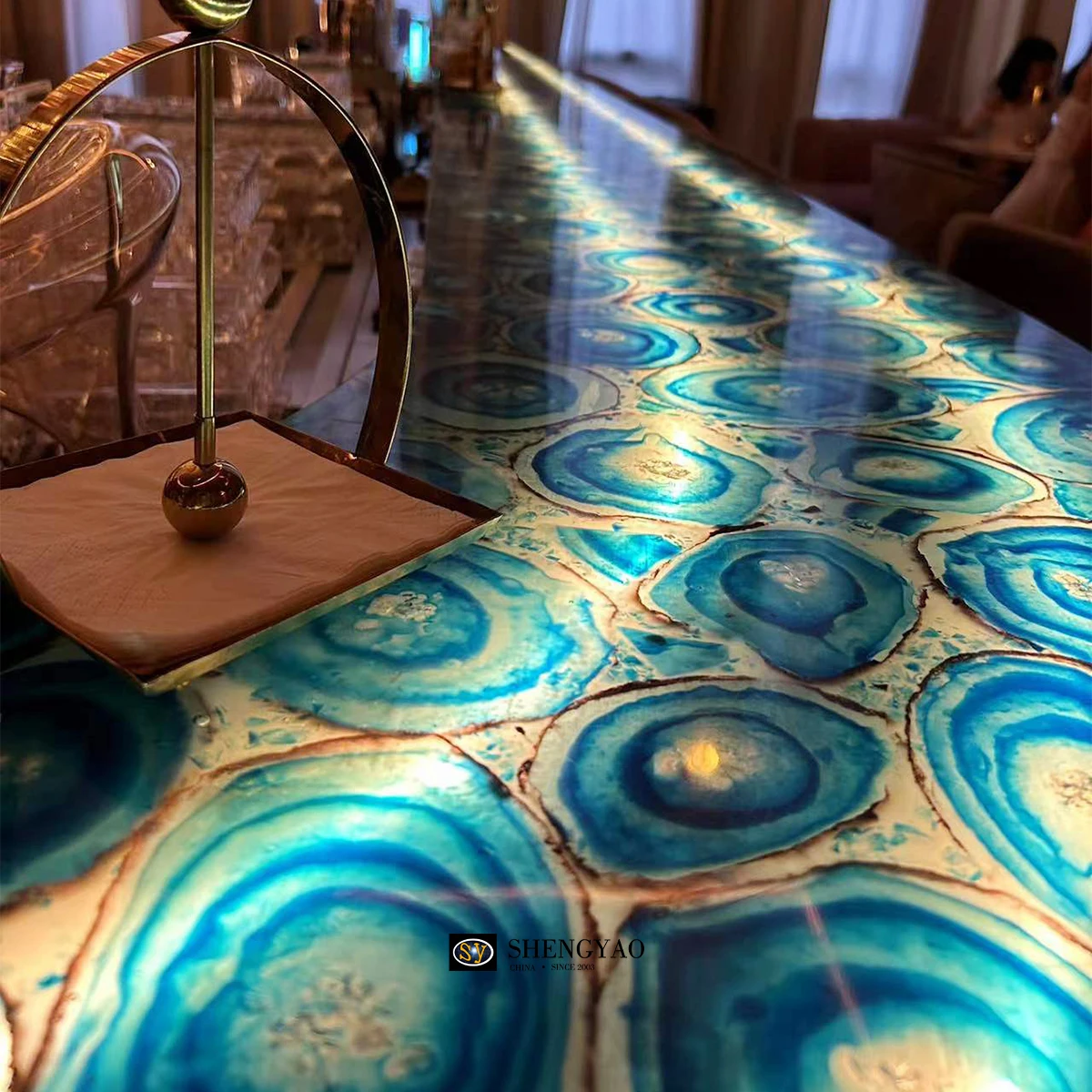 Natural Luxury LED Translucent Semi Precious Stone Backlit Blue Agate Bar Counter Top