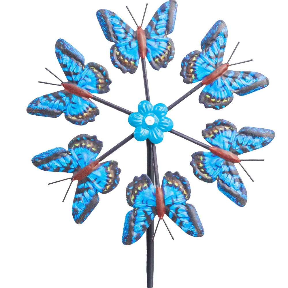 Wind Kinetic Sculpture Spinners Blue Butterfly Metal Windmills Outdoor Garden Stake 360 Degree Swivel Wind Spinners