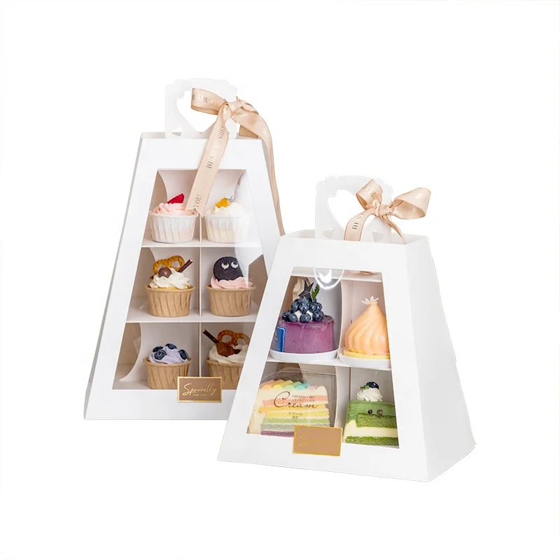 High-end Multilayer Trapezoid Afternoon Tea Dessert Shelf Transparent French Dessert Display Box with Handle