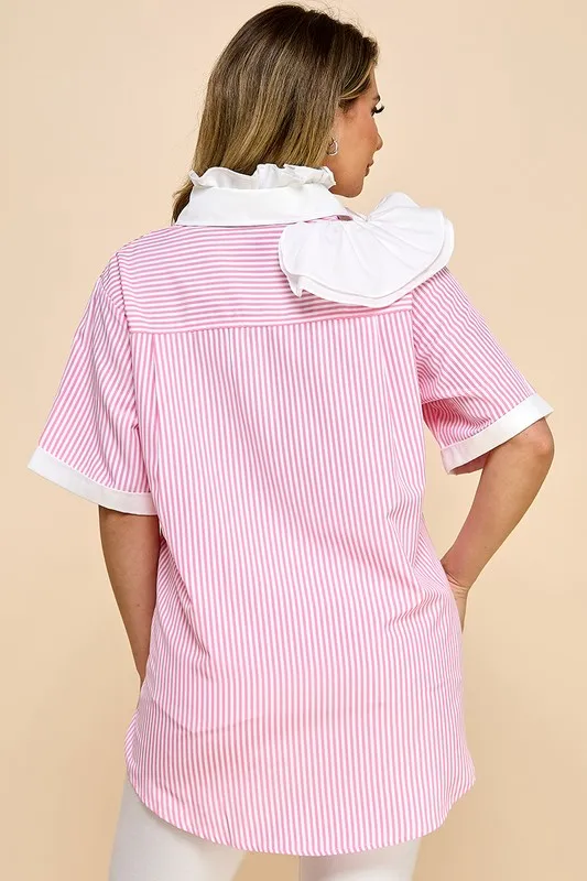 Ladies Striped Solid Color Fabric Casual Shirt - Image 5