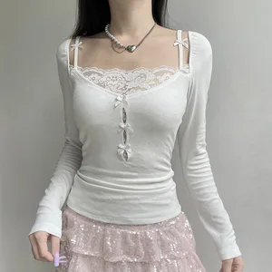 Simple Style Lace Stitching Bow Decorative Design Hollow Sling T-Shirt Girlish Style Women Fitted Top