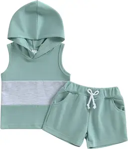 OEM Manufacture Custom Children Boys Clothing Set Splice Sleeveless Hoodie 2 Piece Summer Short Set