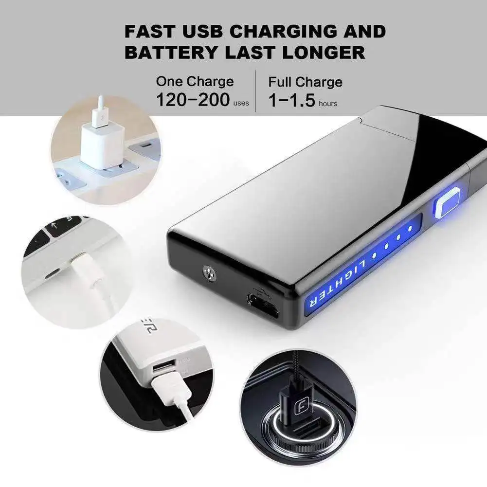 High Quality Wholesale Metal Double Arc Lighter,Touch-sensing Custom Windproof Pulse Rechargeable USB Lighter With Power Display