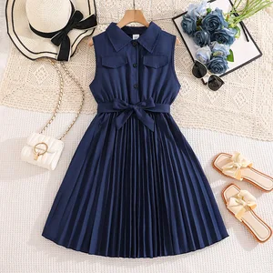 2026 Summer Children Outfit 12 Years Navy Sleeveless Button Front Pleated Polo Dress Children Girls Clothing