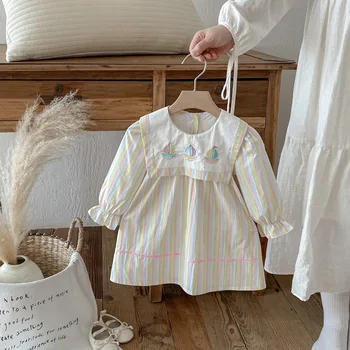 2025 Autumn Korean Style Girls Baby Dresses Colorful Sailboat Embroidery Children's Clothing Square Neck Princess Dress