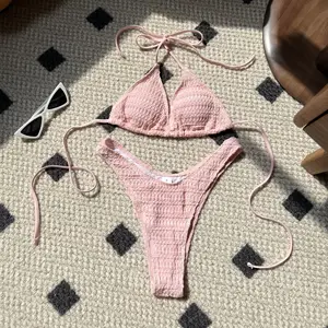 Sweet Sexy Solid Color 2 Piece Bikini Set with Drawstring Lace up Design Push Padded Top Eco-friendly Women Swimwear Beachwear