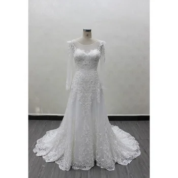 LW4155 Attractive Long Sleeves Chapel Train Bridal Gowns With Lace Applique Backless Lace Up Back Wedding Dresses
