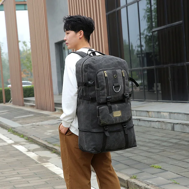 Men's 100L Expandable Waterproof Canvas Hiking Backpack Travel Rucksack,  Durable Outdoor Duffle Bag with Customizable Capacity