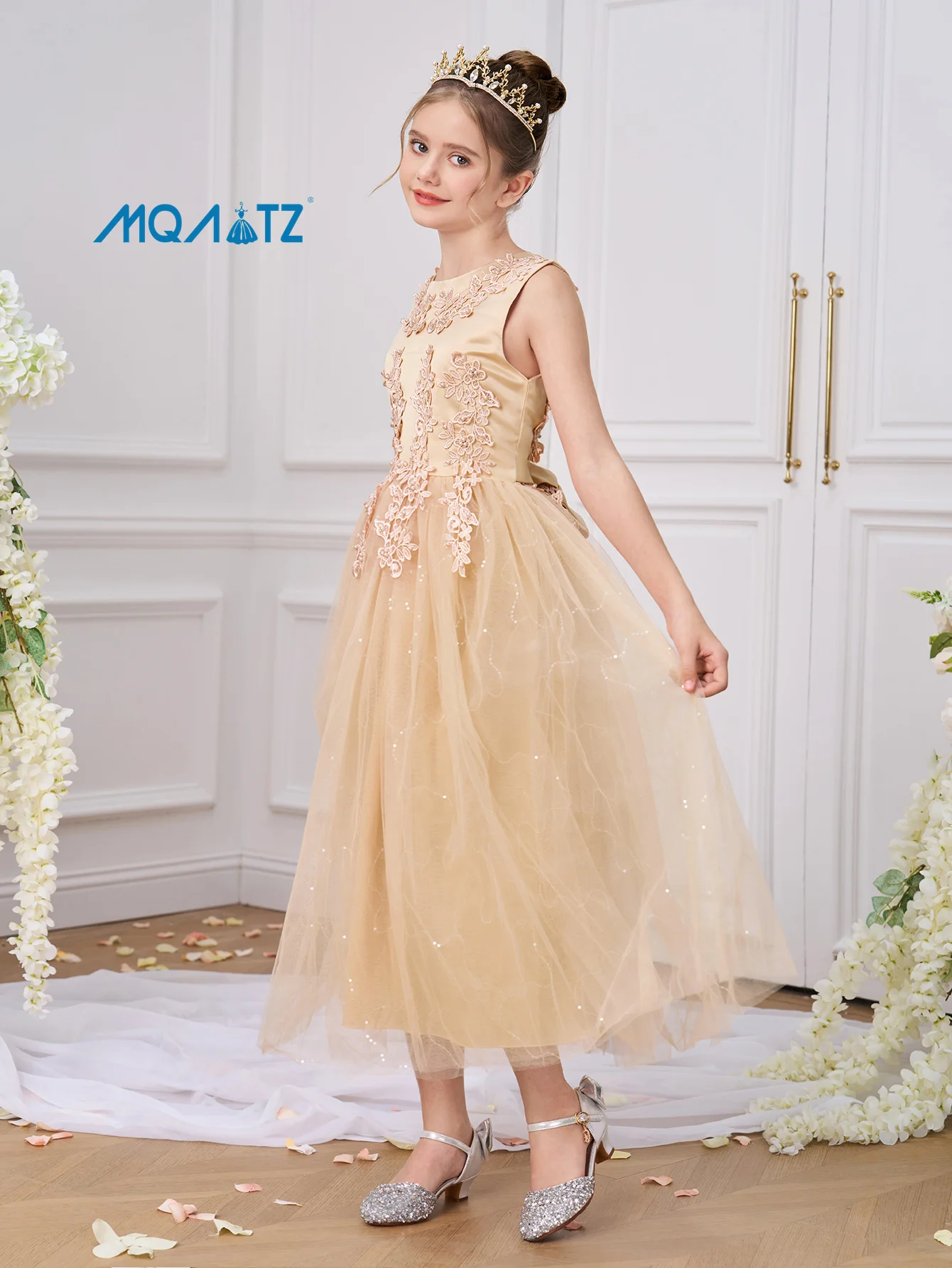 MQATZ Satin Flower Party Dress for Kids 7-12 Years