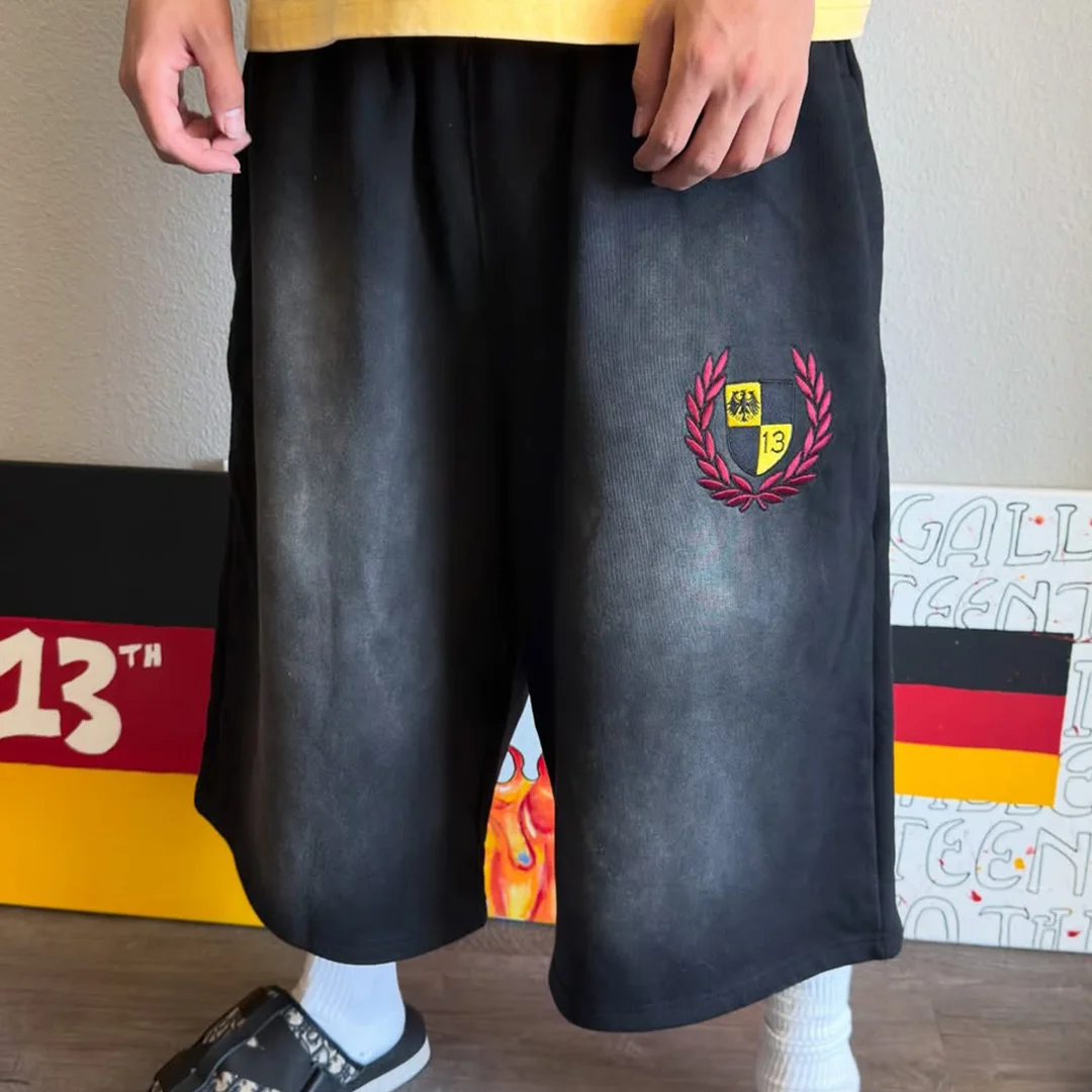Nejprodávanější premium bavlněné mužské krátké kalhoty s kyselinovým ošetřením, retro styl, streetwear, velkoobchodní vlastní tisk DTG, lemování kovovými kameny, vyšívání