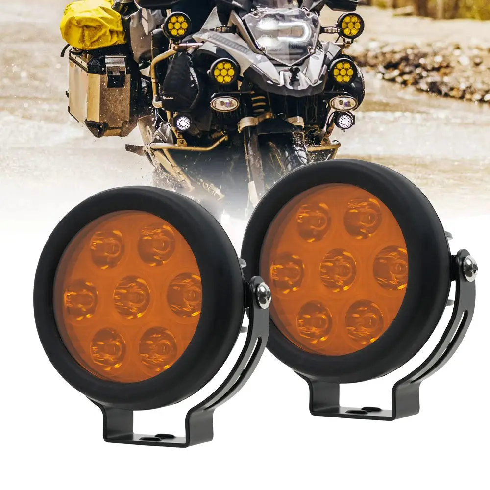 YA-DH7 7개 LED 렌즈 드라이빙 라이트, 라운드 모터사이클 70W 8000LM 노란색 커버 헤드라이트 스팟 램프 범용 스포트라이트