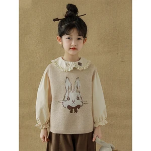 Big Children Sweater Spring and Autumn Large Size Vest Cute  Sweet Vest Lace Collar Versatile Shirt Autumn Top