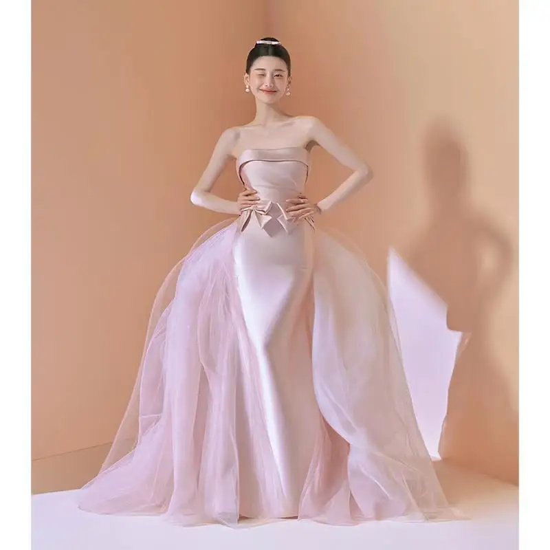 Customized Adult Satin Evening Long Dress Bright Light Pink Fishtail Empire  Waistline Draped Decoration for Parties Ceremonies