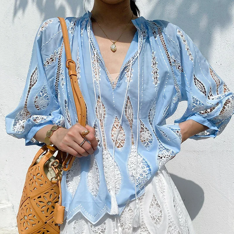FAVIPT Linen Shirts For Women 3/4 Lace Length Sleeve Blouses Vintage Embroidered Boho Gauze Tops V Neck Patchwork Bandage Tunic Tees Summer 2025 White,L-703103
