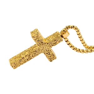 Gold Plated 3D Textured Cross Pendant Necklace for Men Stylish Religious Jewelry Gift