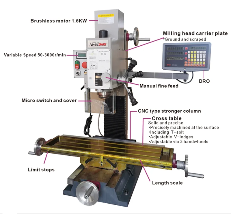 Milling Machine for Metal with 1500W Brushless Motor - Variable Speed ...