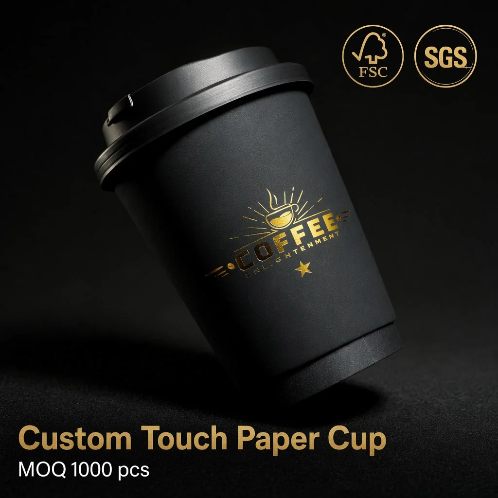 Custom Luxury Disposable Specialty Coffee Paper Cups 8oz-22oz with Gold Foil Print Double Wall Tacti