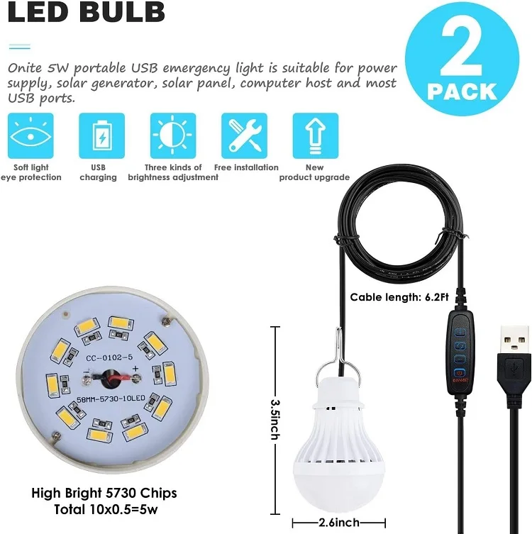 USB LED Light Bulb Camping Latern Outdoor with Simple Switch Portable LED Bulb 5V 5W for Garage Warehouse Car Truck Fishing Boat