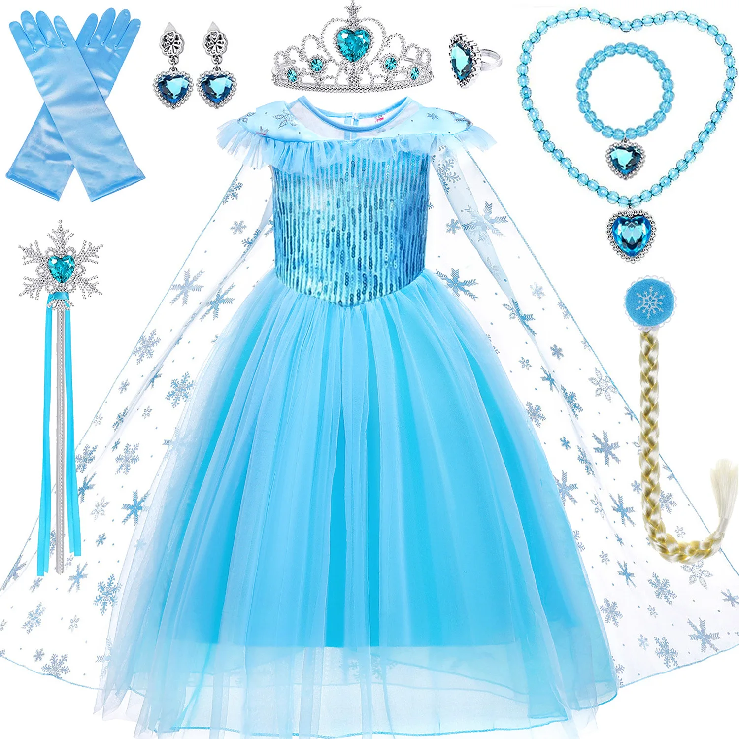 Blue Snow Princess Costume Polyester Dress With Full Set of Accessories for  Kids Children's Party Suits