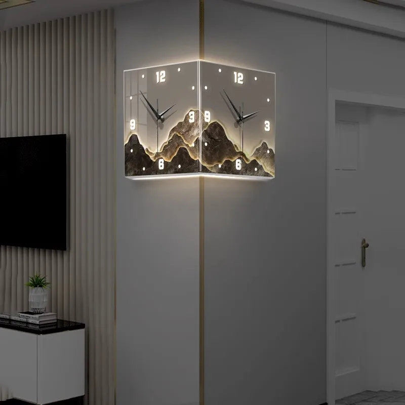 3D Led Light Corner Clock square Living Room Simple Double-sided Clock Iron Digital Hollowed-out Double-sided Hanging Clock