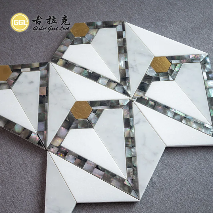 Black Lip Shell Mix White Marble and Brass Mosaic Tiles Waterjet Mosaic Tiles 300*300 mm Sheet