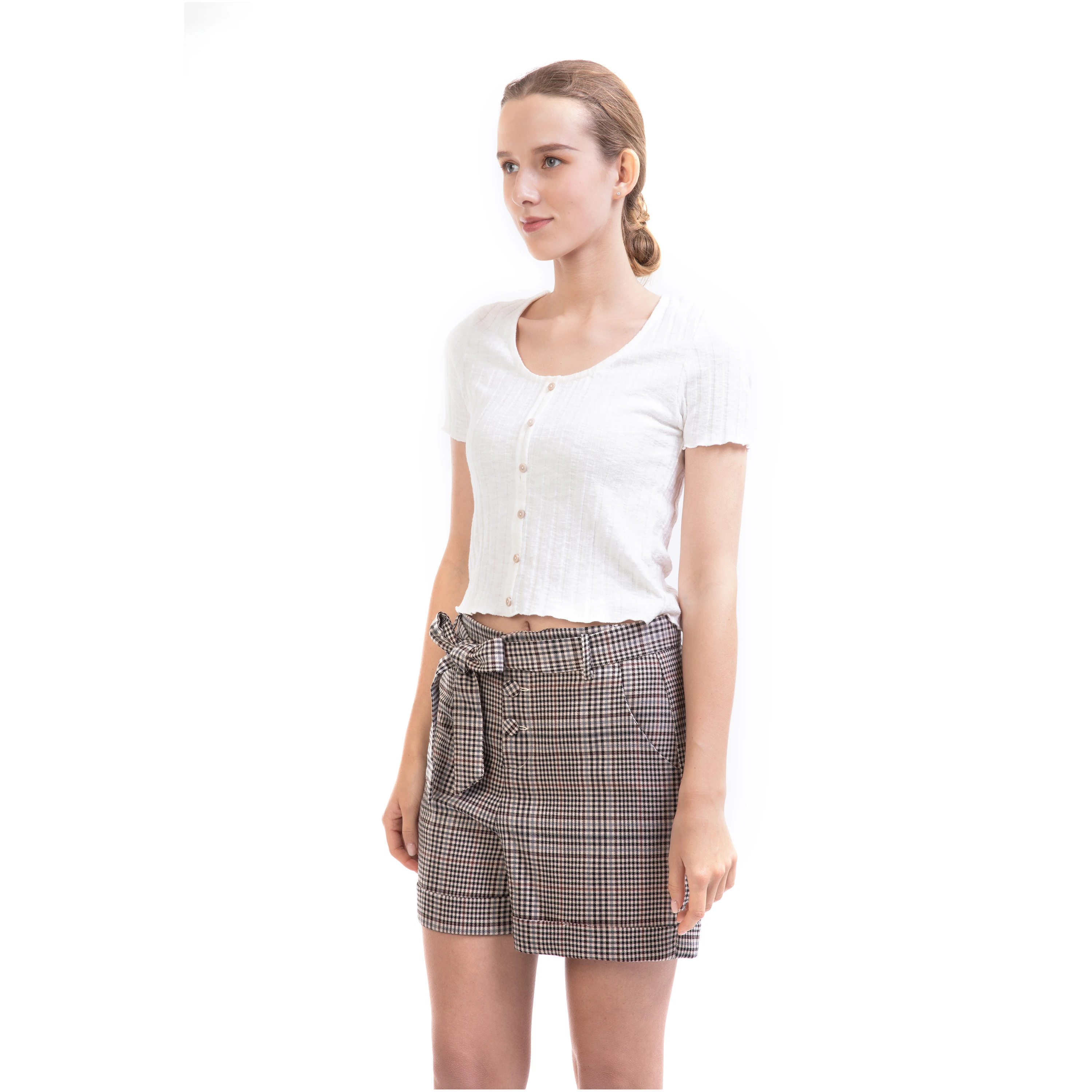 Summer Plaid shorts for woMen casual self belted plaid with the pocket