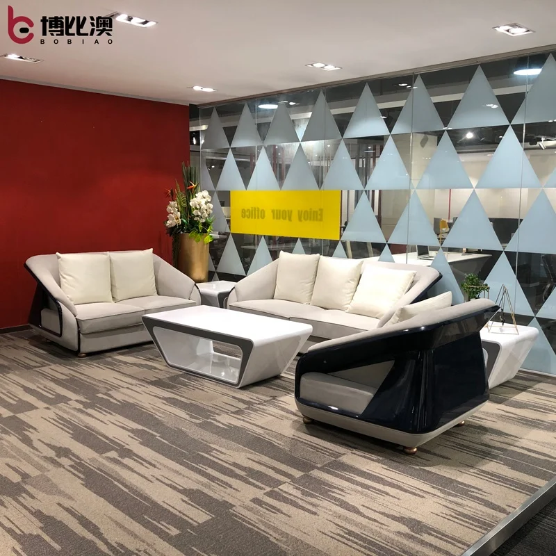Executive Blue Gray Leather Meeting Room Reception Sofa Furniture 2020 Luxury Modern MDF Glossy Office Sofa