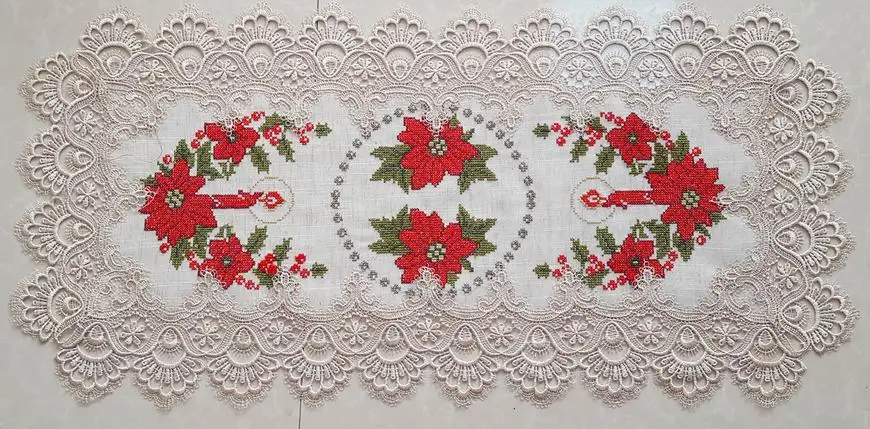Rose Embroidery Cross STITCH TABLE RUNNER with Cutwork